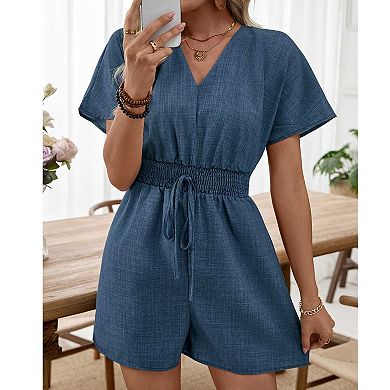 Women's Casual Short Sleeve Jumpsuit, V Neck Tie Waist Solid Romper for Summer