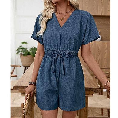 Women's Casual Short Sleeve Jumpsuit, V Neck Tie Waist Solid Romper for Summer