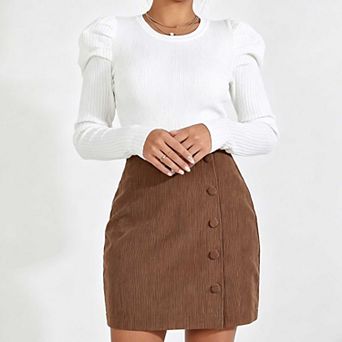 Women's High Waist Corduroy Skirt, Button Accent Bodycon Mini Wrap Skirt