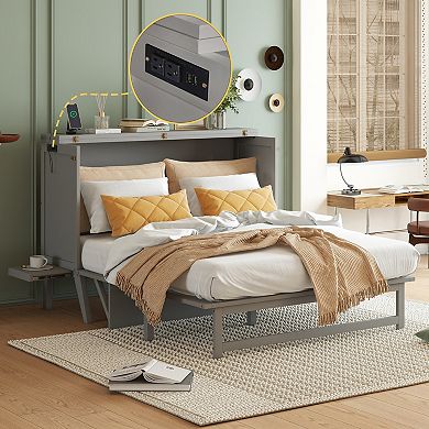 Sailvan Queen Size Murphy Bed with USB Port Shelves on Each Side, Solid Pine Murphy Cabinet Bed
