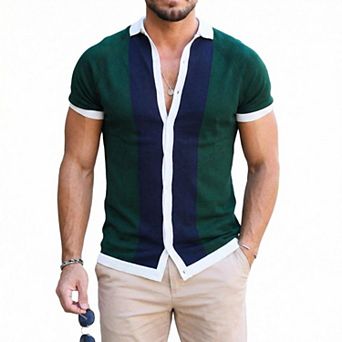 Men's Color Block Striped Polo Cardigan Short Sleeve Casual Shirt