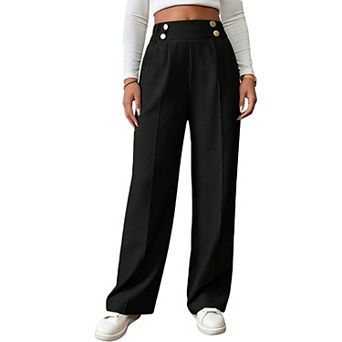 Women's Decorative Button Wide Leg Pants, High Waist Flowy Straight Leg Trousers