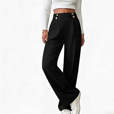 Women's Decorative Button Wide Leg Pants, High Waist Flowy Straight Leg Trousers