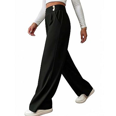 Women's Decorative Button Wide Leg Pants, High Waist Flowy Straight Leg Trousers