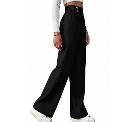 Women's Decorative Button Wide Leg Pants, High Waist Flowy Straight Leg Trousers
