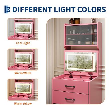 Small Vanity Desk with Lighted Mirror & Charging Station, Compact Makeup Vanity with Storage Chair