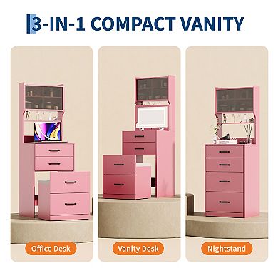 Small Vanity Desk with Lighted Mirror & Charging Station, Compact Makeup Vanity with Storage Chair