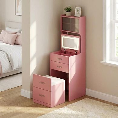 Small Vanity Desk with Lighted Mirror & Charging Station, Compact Makeup Vanity with Storage Chair