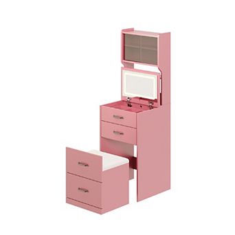 Small Vanity Desk with Lighted Mirror & Charging Station, Compact Makeup Vanity with Storage Chair