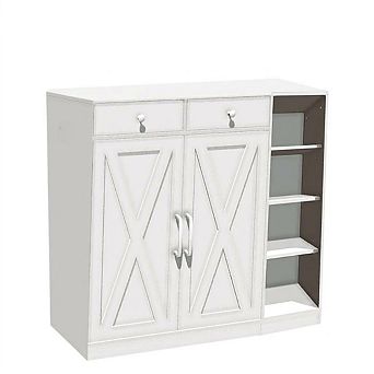 Farmhouse Shoe Cabinet with Barn Doors & Drawers, Entryway Shoe Storage Organizer White