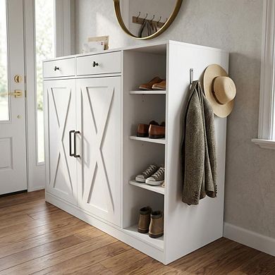 Farmhouse Shoe Cabinet with Barn Doors & Drawers, Entryway Shoe Storage Organizer White