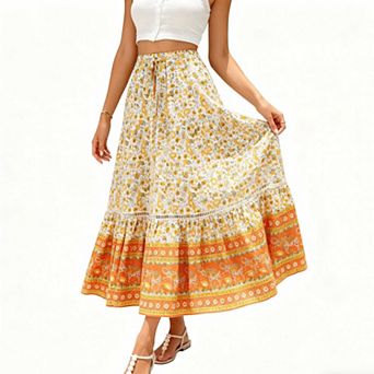 Women's Floral Print Tiered Skirt, High Waist Flowy Casual Maxi Skirt