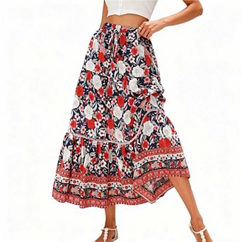 Women's Floral Print Tiered Skirt, High Waist Flowy Casual Maxi Skirt