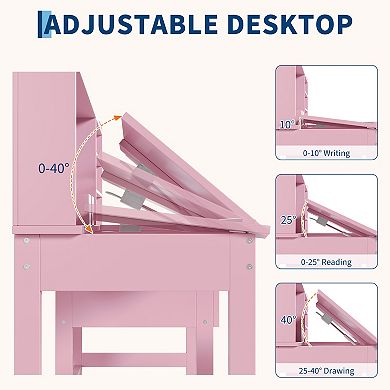 Kids Desk and Chair Set, Tiltable Desktop, Hutch, Cork Board, Storage Drawer, Padded Stool