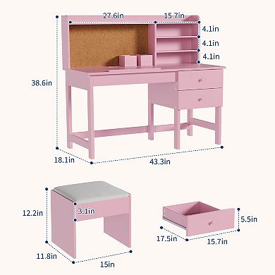 Kids Desk and Chair Set, Tiltable Desktop, Hutch, Cork Board, Storage Drawer, Padded Stool