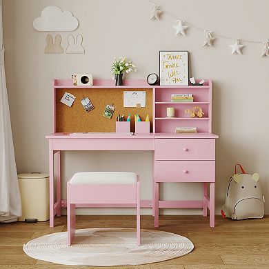 Kids Desk and Chair Set, Tiltable Desktop, Hutch, Cork Board, Storage Drawer, Padded Stool