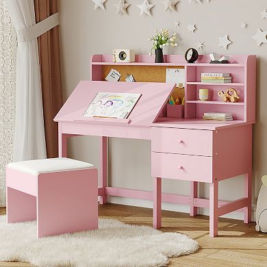Kids Desk and Chair Set, Tiltable Desktop, Hutch, Cork Board, Storage Drawer, Padded Stool
