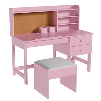 Kids Desk and Chair Set, Tiltable Desktop, Hutch, Cork Board, Storage Drawer, Padded Stool
