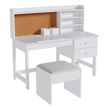 Kids Desk and Chair Set, Tiltable Desktop, Hutch, Cork Board, Storage Drawer, Padded Stool