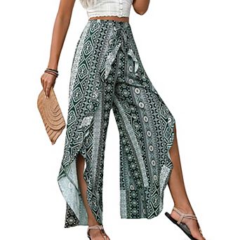 Women's Print Wide Leg Ruffle Split Long Pants Summer Casual High Waist Palazzo Loose Fit Boho Pants