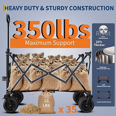 350lbs Capacity Folding Garden Wagon Cart Extra Large Collapsible Utility Cart7" All-Terrain Wheels