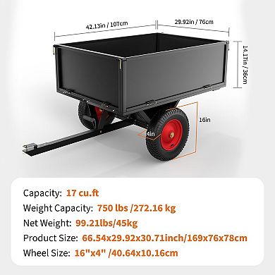 Heavy Duty Steel Garden Dump Cart 17 Cu.Ft, 750lbs Capacity, Removable Sides, All-Terrain Wheels