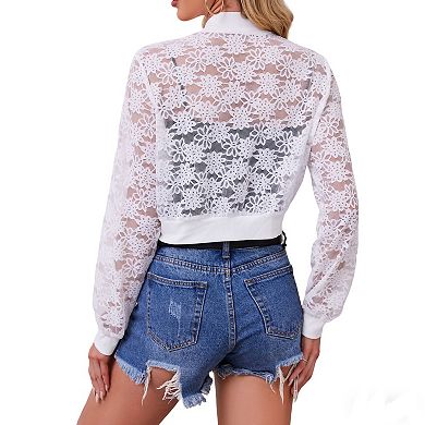 Women's Summer Lace Sheer Long Sleeve Cropped Boho Bomber Jacket Lightweight Casual Outerwear Shirt