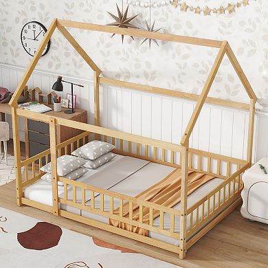Sailvan Full Size House Floor Wooden Bed with Roof Frame, Safety Guardrails