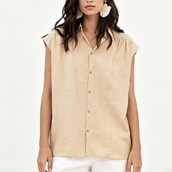 Women's Linen Blend Sleeveless Shirt, Button Down Collared Casual Work Blouse