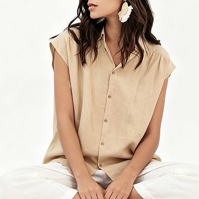 Women's Linen Blend Sleeveless Shirt, Button Down Collared Casual Work Blouse