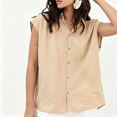 Women's Linen Blend Sleeveless Shirt, Button Down Collared Casual Work Blouse