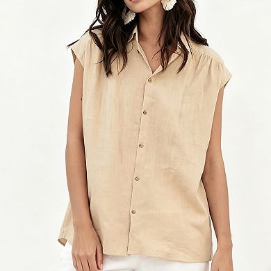 Women's Linen Blend Sleeveless Shirt, Button Down Collared Casual Work Blouse