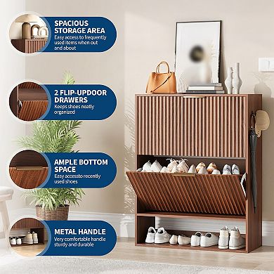 Shoe Storage Cabinet with 2 Flip Drawers, Narrow Shoe Organizer with Open Shelf