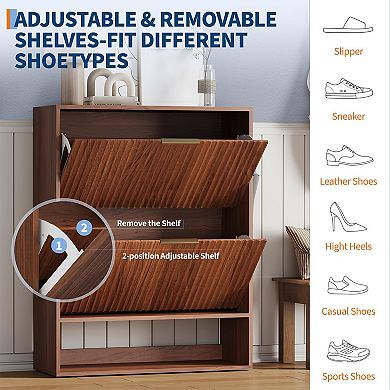 Shoe Storage Cabinet with 2 Flip Drawers, Narrow Shoe Organizer with Open Shelf