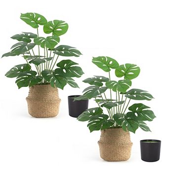 2 Pack Artificial Monstera Plant with Decorative Pot & Woven Basket, Faux Plants for Living Room