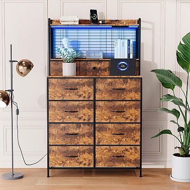 Smart Dresser with 11 Fabric Drawers, Built-in Charging Station Storage Organizer for Bedroom