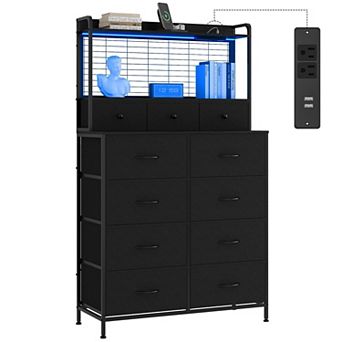 Smart Dresser with 11 Fabric Drawers, Built-in Charging Station Storage Organizer for Bedroom