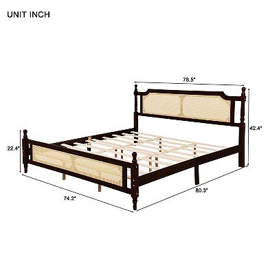 Sailvan King Pine wooden Bed with Rattan Headboard and Footboard, Central Enhanced Bed Platform