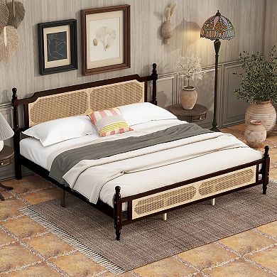 Sailvan King Pine wooden Bed with Rattan Headboard and Footboard, Central Enhanced Bed Platform