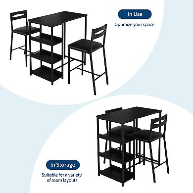 3 Piece Dining Table Set with Storage Shelves Upholstered Chairs Space Saving Kitchen Table Set