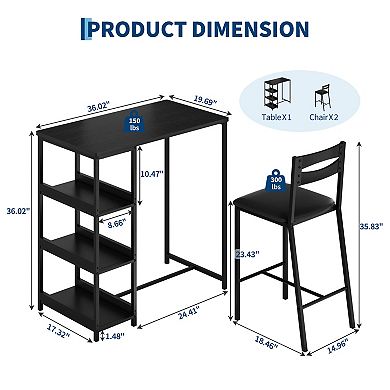 3 Piece Dining Table Set with Storage Shelves Upholstered Chairs Space Saving Kitchen Table Set