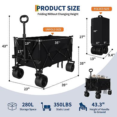 350lbs Capacity Folding Garden Wagon Cart Extra Large Collapsible Utility Cart7" All-Terrain Wheels