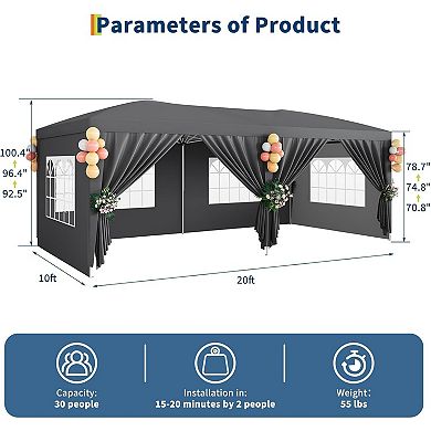 10x20 Pop Up Canopy with 6 Sidewalls, 3 Heights, for Patio & Events