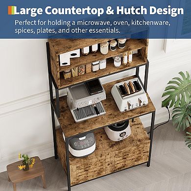 Freestanding Kitchen Bakers Rack with Power Outlet 67" 5-Tier Microwave Stand Coffee Bar Station