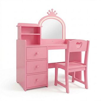 Kids Vanity Desk with Mirror and Lights, Chair, Drawers & Shelves, 2-in-1 Dressing Table for Bedroom