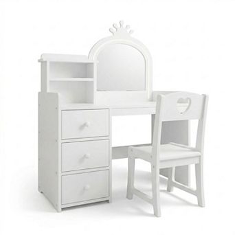 Kids Vanity Desk with Mirror and Lights, Chair, Drawers & Shelves, 2-in-1 Dressing Table for Bedroom