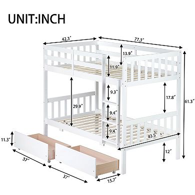 Sailvan Twin Over Twin Rubber Wood Bunk Bed with 2 Drawers, Convertible into 2 Twin Beds