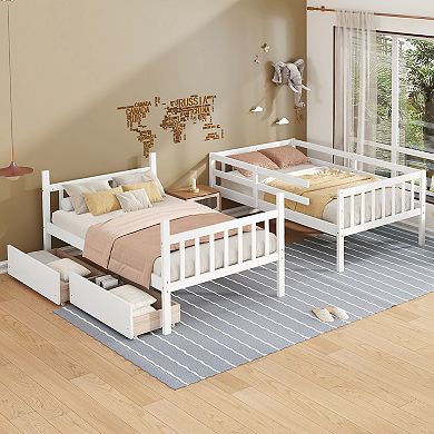 Sailvan Twin Over Twin Rubber Wood Bunk Bed with 2 Drawers, Convertible into 2 Twin Beds