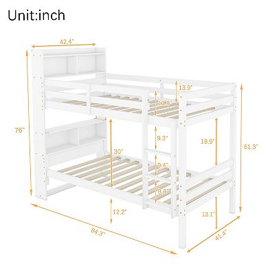 Sailvan Twin Over Twin Bunk Bed with Shelves Headboard Guardrails Ladder, Convertible to 2 Beds