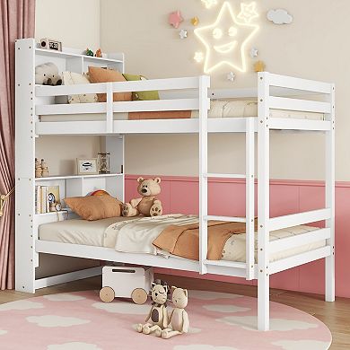Sailvan Twin Over Twin Bunk Bed with Shelves Headboard Guardrails Ladder, Convertible to 2 Beds